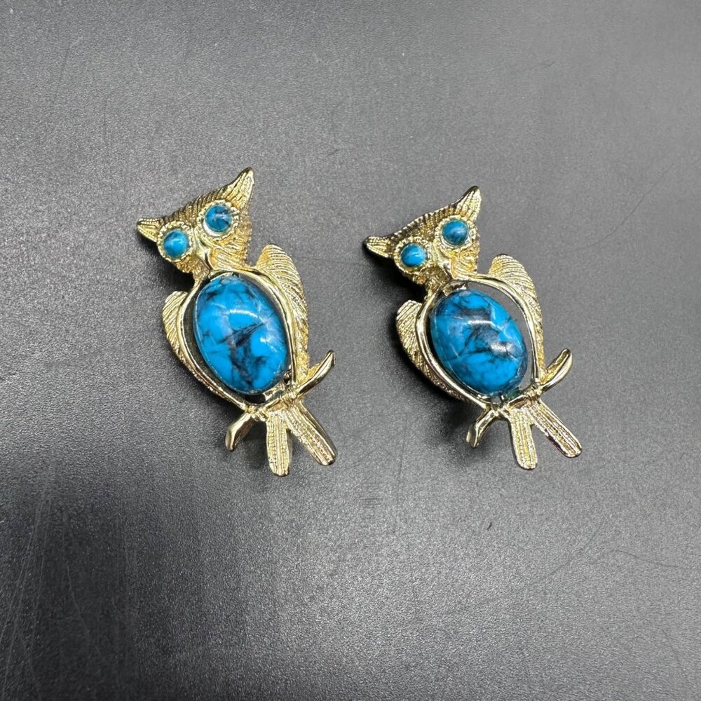 Vintage Owl Brooch Scatter Pins Faux Turquoise Gold Tone Set of 2 Retro Jewelry